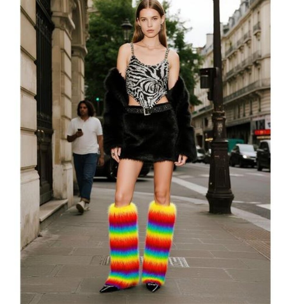 PRIDE Faux Fur Bright Vivid Colorful Rainbow Leg warmers-- SO FUN! ONE SIZE NWT